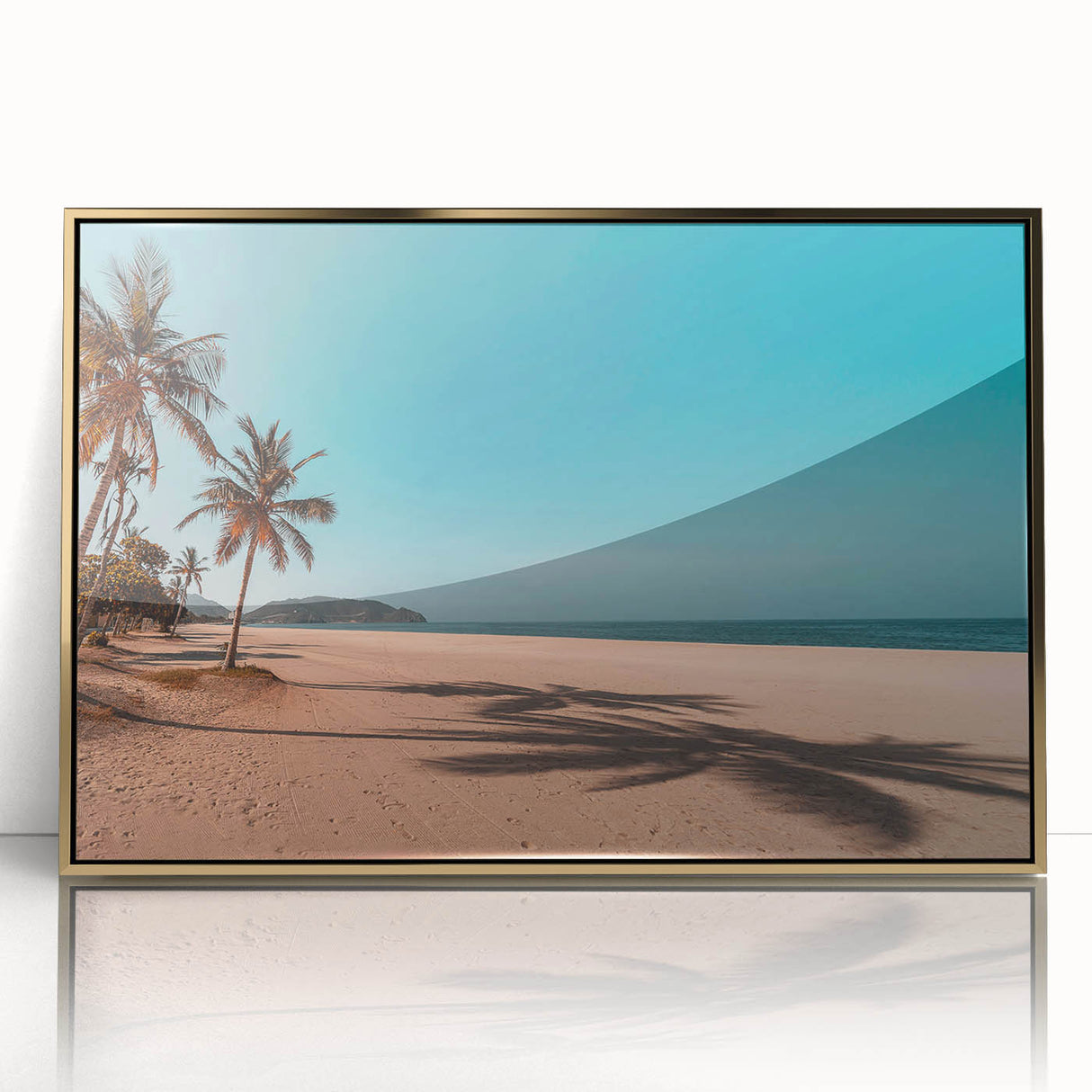 Large art print of a Middle Eastern Oman scenery in gold tones on a framed acrylic, suitable for modern art wall decor.