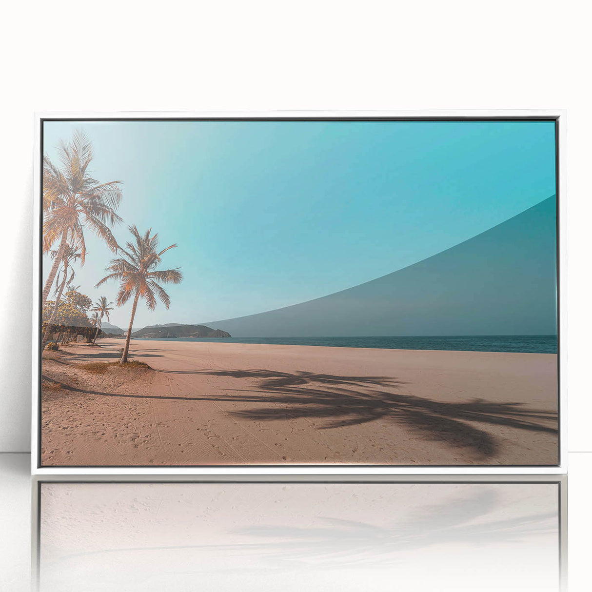 Acrylic print of a Middle-Eastern landscape in Oman with soft earth tones, framed in white.