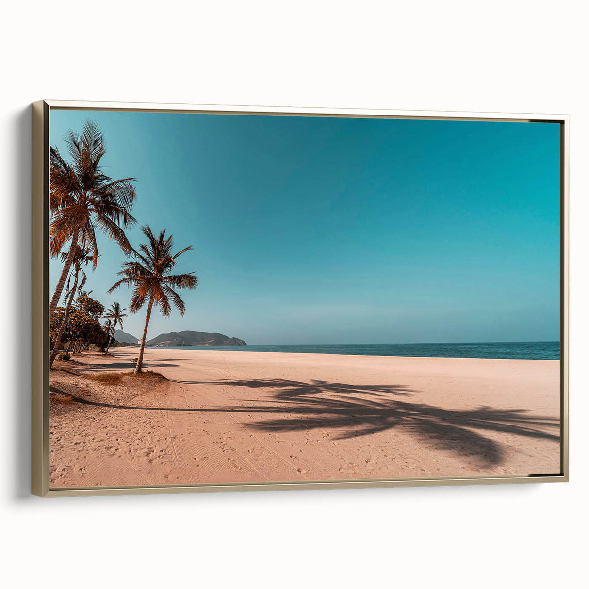 Framed canvas depicting a serene Omani landscape in muted gold and black tones, ideal for bedroom wall decor.