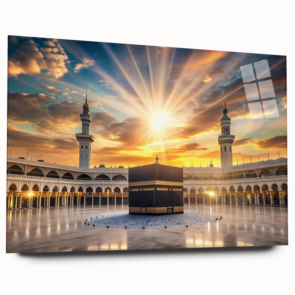 Large abstract wall art depicting a Middle Eastern desert scene in muted earth tones on acrylic glass.