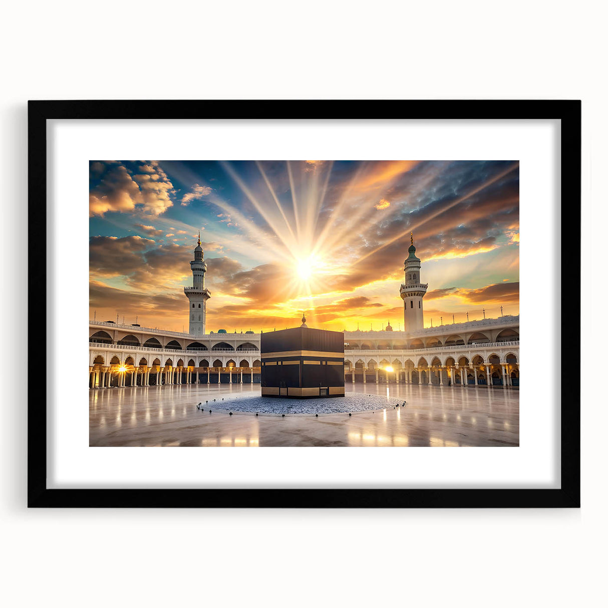 Extra large abstract art print of a colorful, textured Middle Eastern scene on a framed black mat.