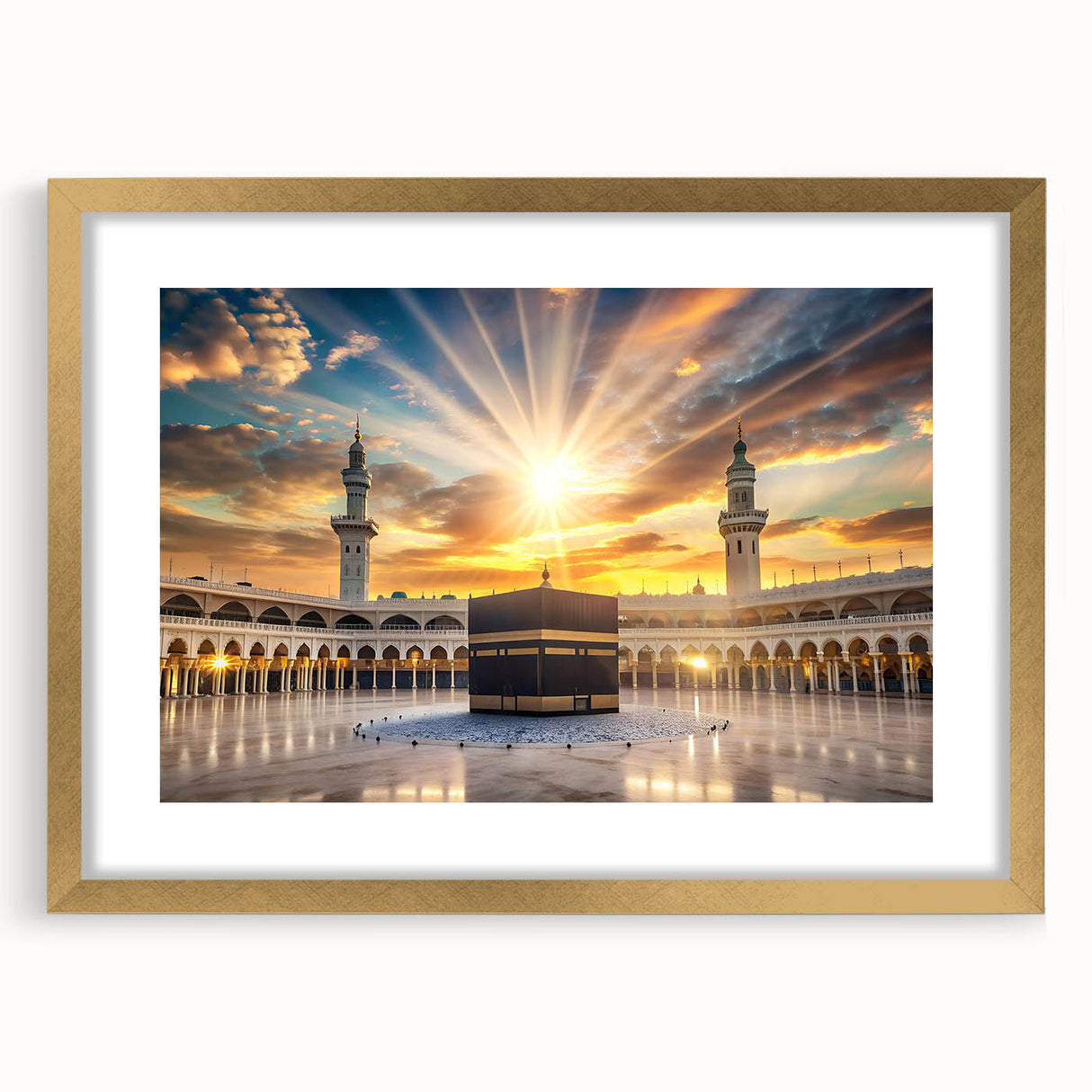 Extra large wall art depicting abstract Saudi Arabian scenery in gold and beige tones, framed with mat.