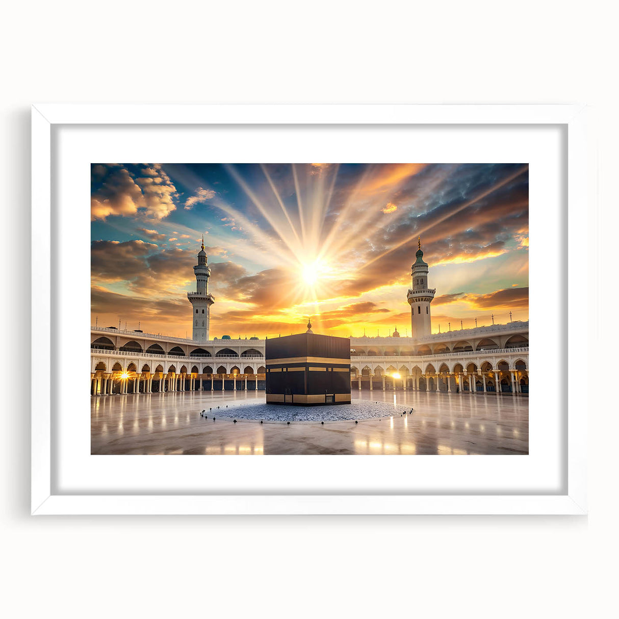 Abstract art print of a Saudi Arabian landscape in muted earth tones on a framed white mat, ideal for dining room decor.