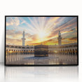 Large abstract wall art depicting a Middle Eastern scenery in black and gold tones on a framed acrylic.