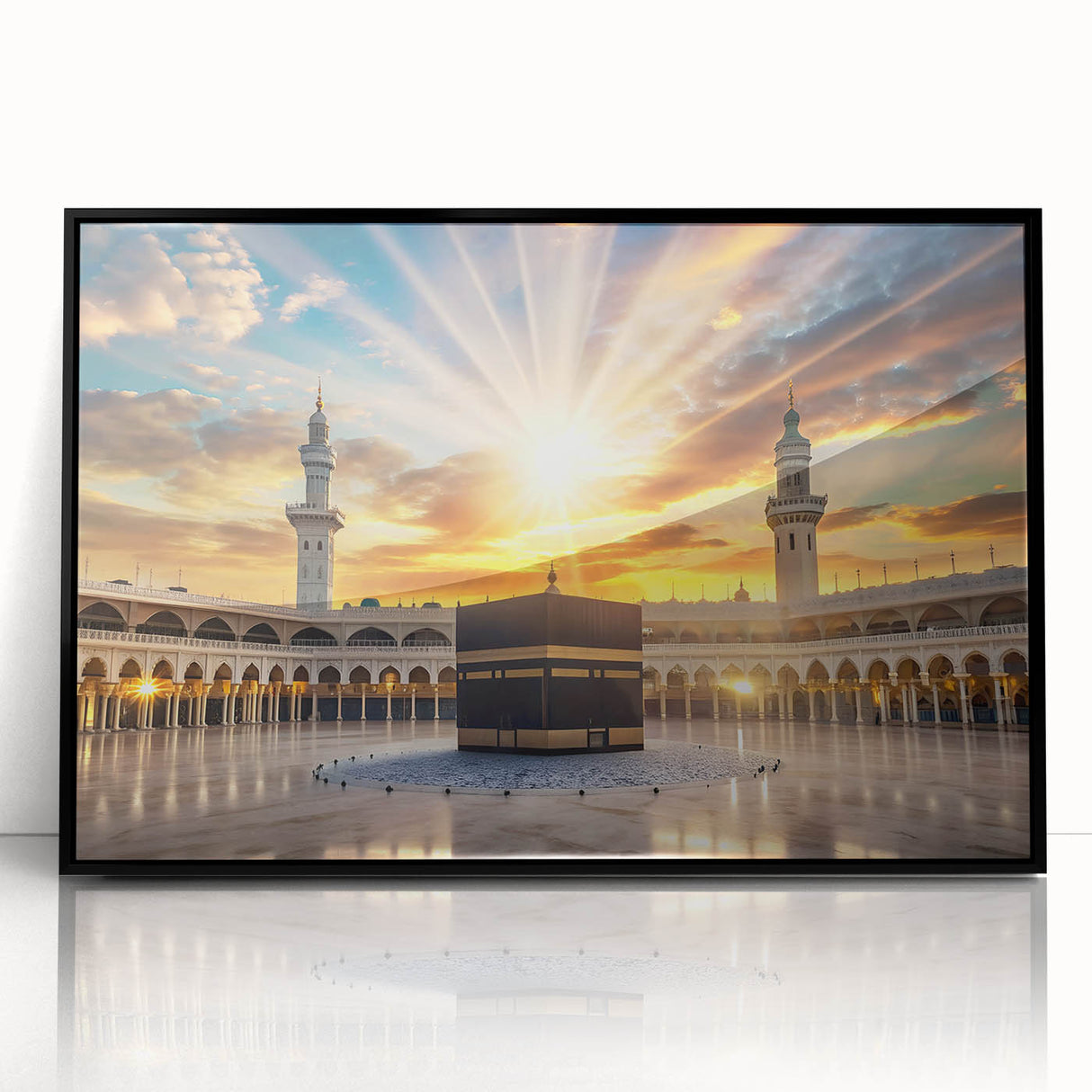 Large abstract wall art depicting a Middle Eastern scenery in black and gold tones on a framed acrylic.