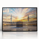 Large abstract wall art depicting a Middle Eastern scenery in black and gold tones on a framed acrylic.