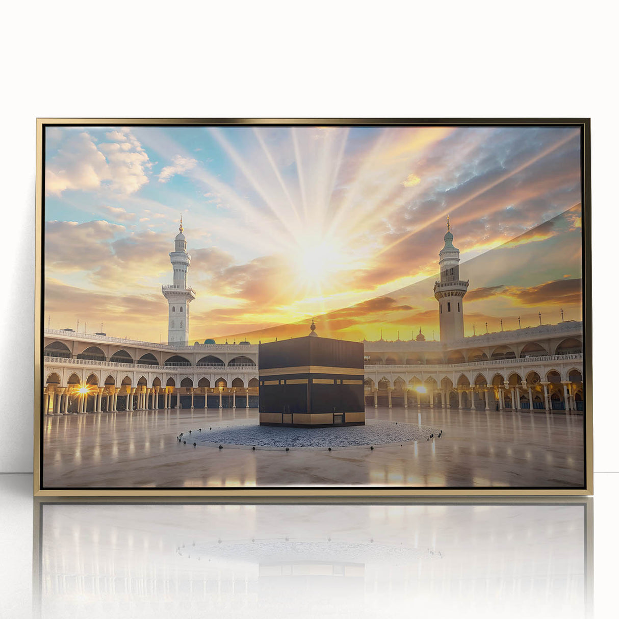 Framed acrylic print of a serene Saudi Arabian landscape in gold and earth tones, suitable for modern art wall decor.