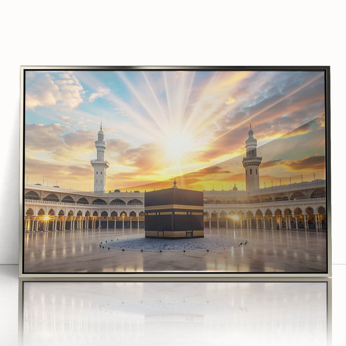 Mid-century modernist art depicting a Saudi Arabian landscape in muted earth tones on a silver-framed acrylic print.