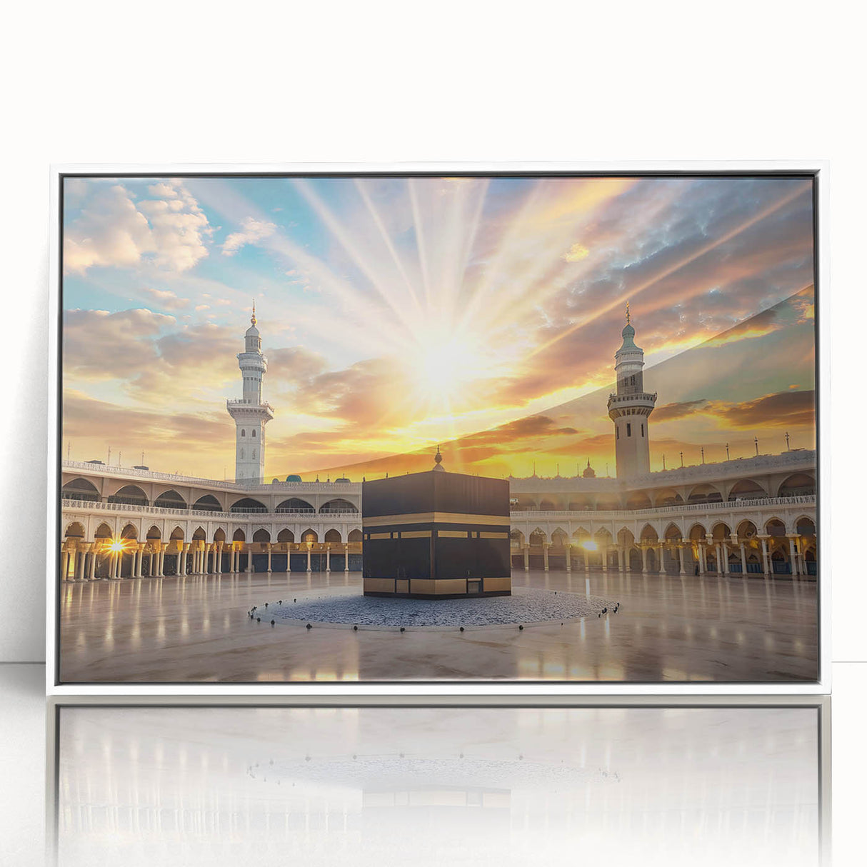 Art deco poster of a Saudi Arabian landscape in muted earth tones on a white framed acrylic, ideal for modern art wall decor.