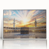 Art deco poster of a Saudi Arabian landscape in muted earth tones on a white framed acrylic, ideal for modern art wall decor.