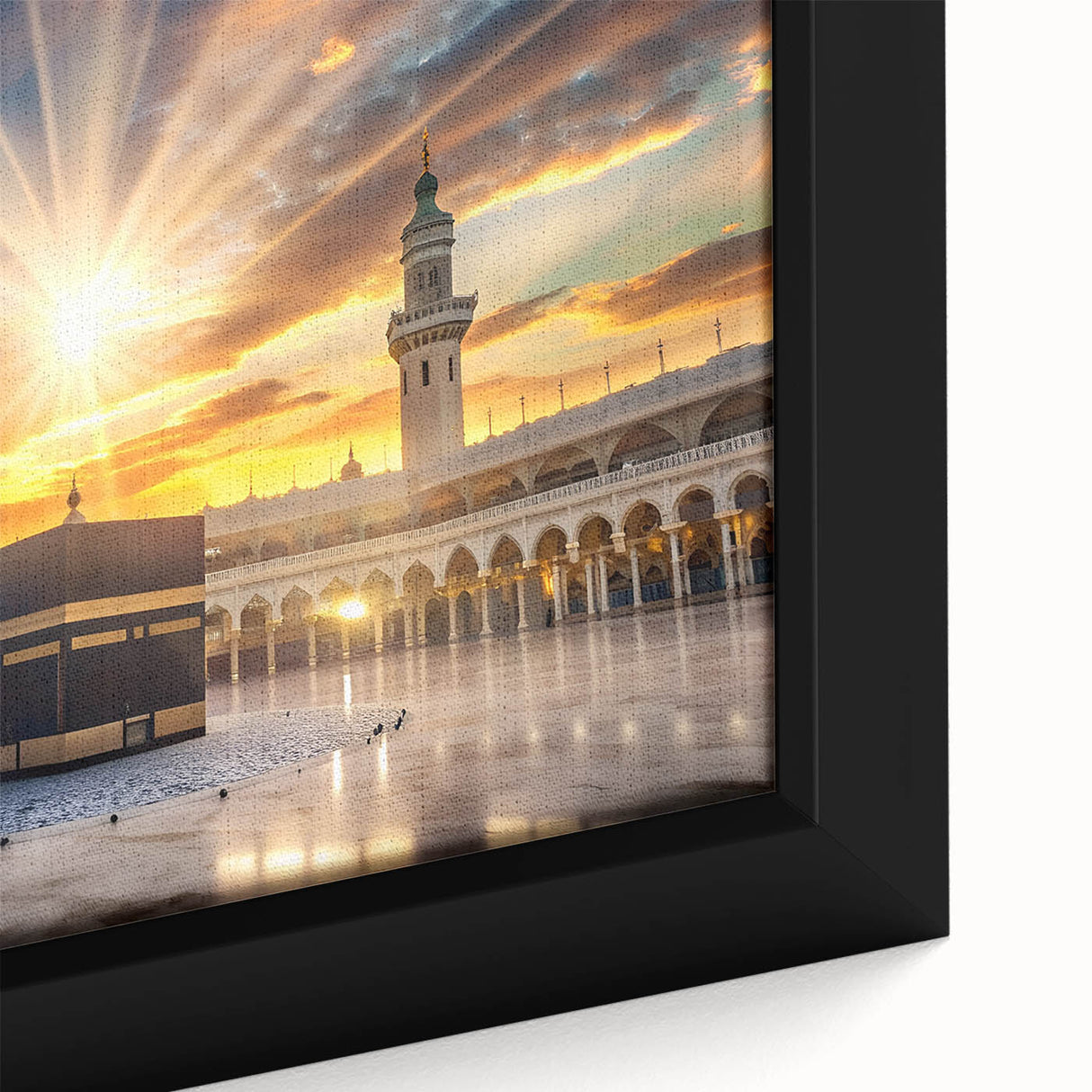Close-up of extra large framed canvas featuring a textured, colorful Middle Eastern landscape, ideal for living room decor.