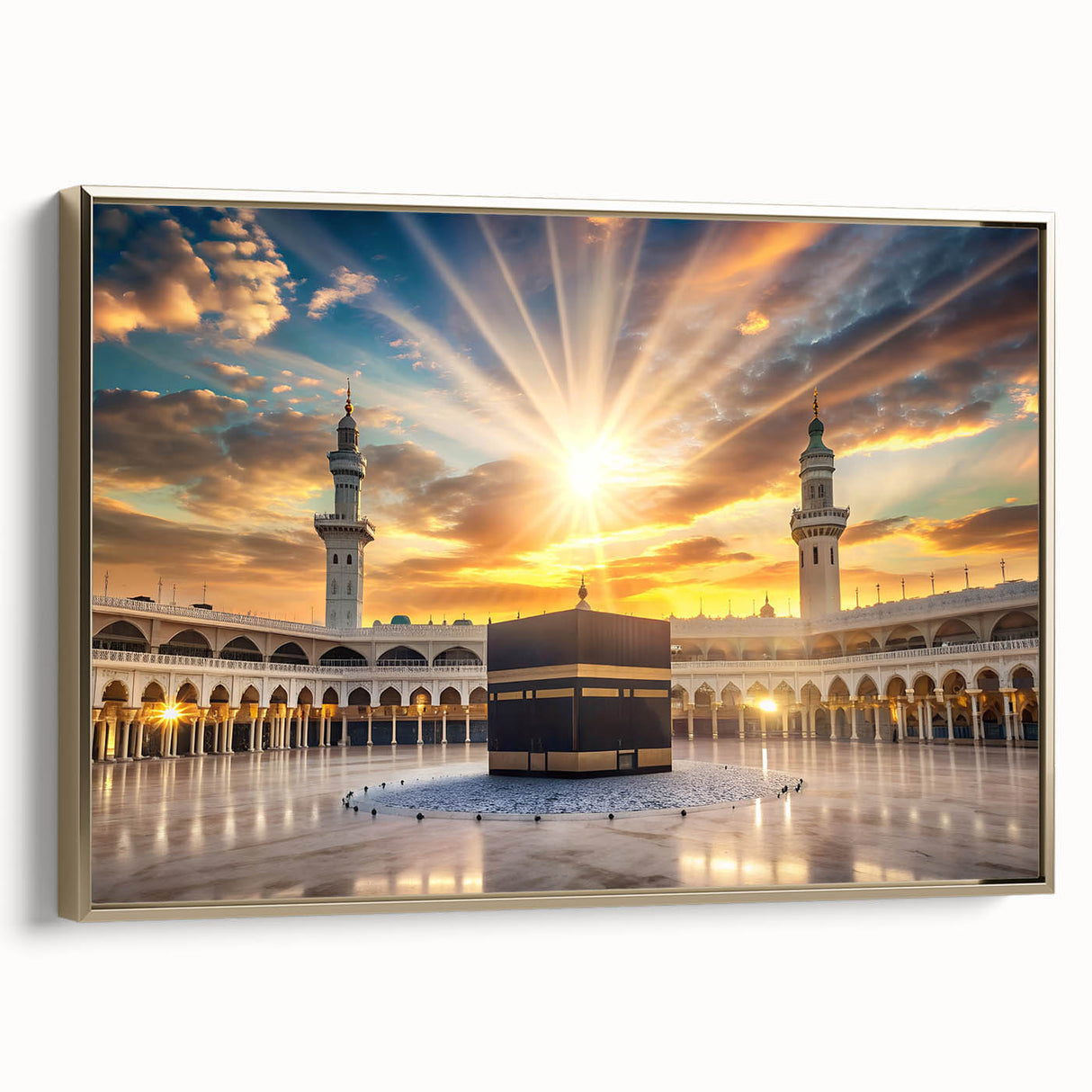 Framed canvas of a vintage-style landscape painting depicting a serene Saudi Arabian scene, with muted gold and black tones.