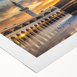 Art deco poster of a stylized Saudi Arabian landscape in muted earth tones on rolled canvas, suitable for dining room decor.