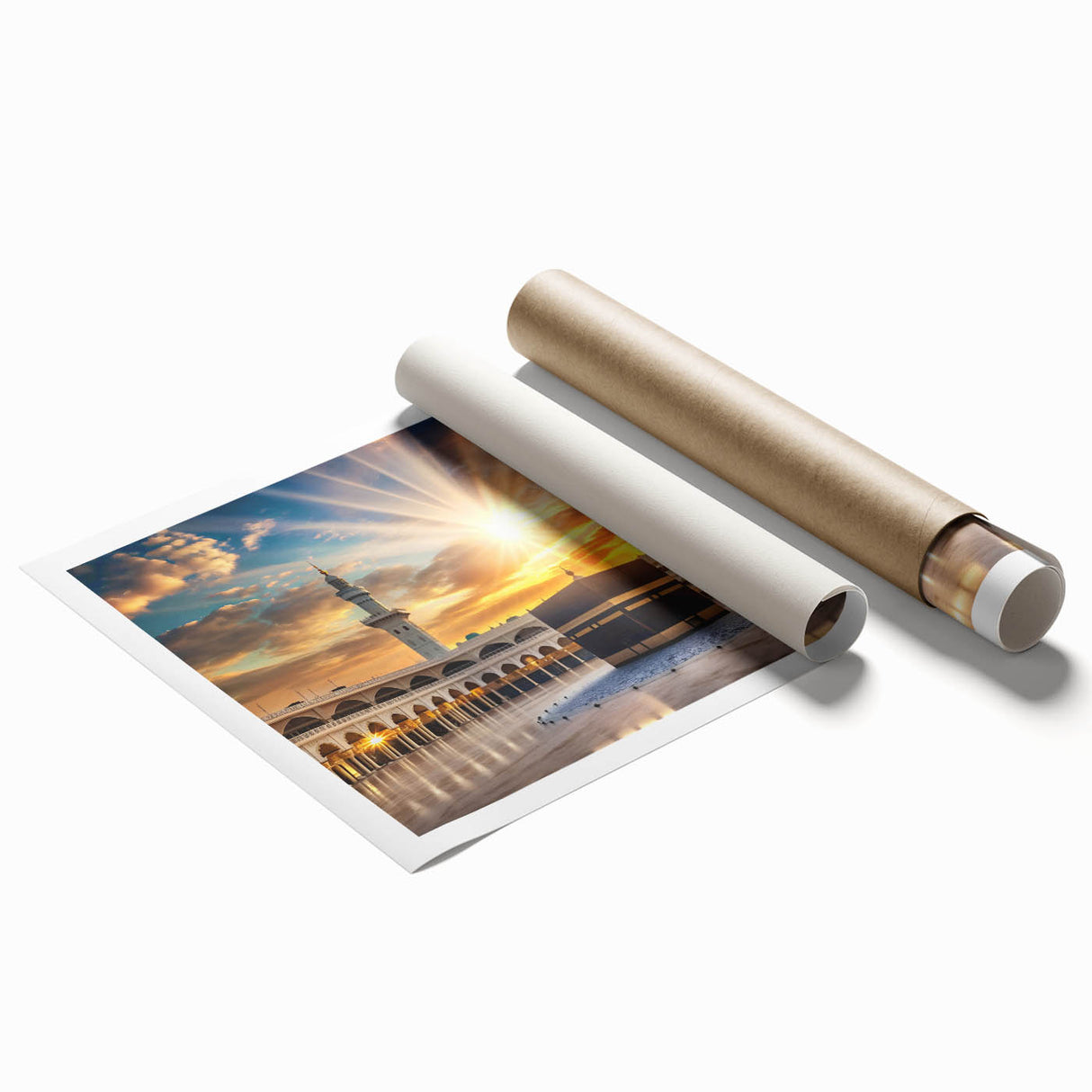 Extra large rolled print of Saudi Arabian scenery with floral accents in muted earth tones.
