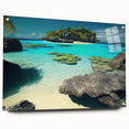Large abstract ocean scene in blue and white hues on acrylic glass, suitable for bedroom or dining room decor.