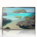 Mid-century modernist art depicting a serene Fiji coastline in muted blue and green tones on a silver-framed acrylic print.