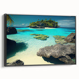 Black and white framed canvas of a Fiji landscape with vintage poster art style, ideal for bedroom wall decor.