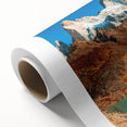 Art deco poster of an Argentine landscape in muted green and blue tones on rolled canvas, ideal for nursery wall art.
