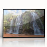 Large abstract wall art depicting a Bolivian landscape in earthy tones on a black framed acrylic print.