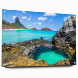 Large abstract wall art of a Brazilian landscape in vibrant greens and blues on acrylic glass.