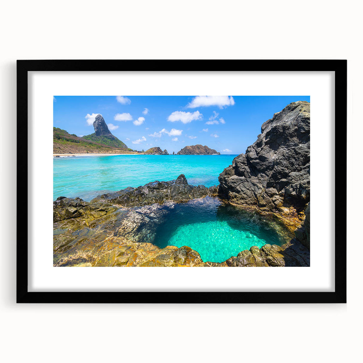 Extra large framed abstract art print featuring a colorful, textured depiction of a South American scenery.
