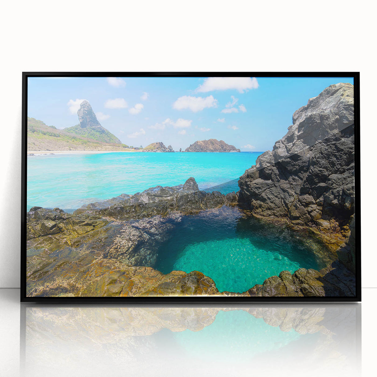 Large abstract wall art depicting a stylized Brazilian landscape in vibrant colors on a framed acrylic.