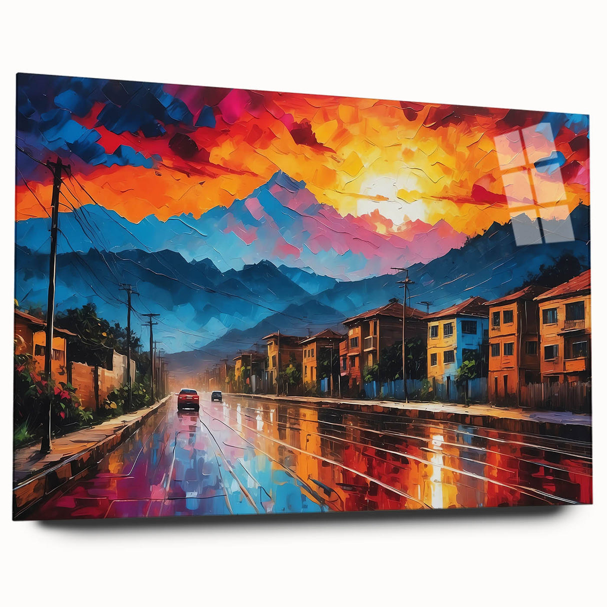 Large abstract wall art of a Colombian landscape in vibrant green and blue tones on acrylic glass.