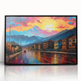Large abstract wall art featuring a vibrant Colombian landscape in mid-century modernist style, acrylic print in black frame.