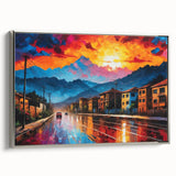 Framed canvas landscape art painting depicting a colorful Colombian village scene, ideal for enhancing a living room's decor.