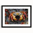 Extra large abstract art print depicting vibrant, colorful scenery of the Galápagos, framed in black with a mat.