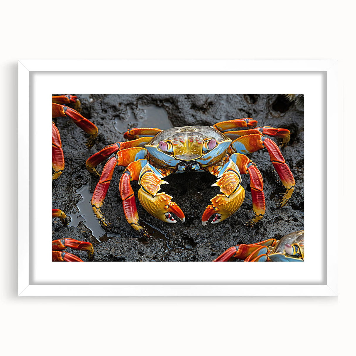 Abstract art print depicting Galapagos scenery in muted blue and green tones on a white framed poster.