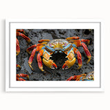 Abstract art print depicting Galapagos scenery in muted blue and green tones on a white framed poster.