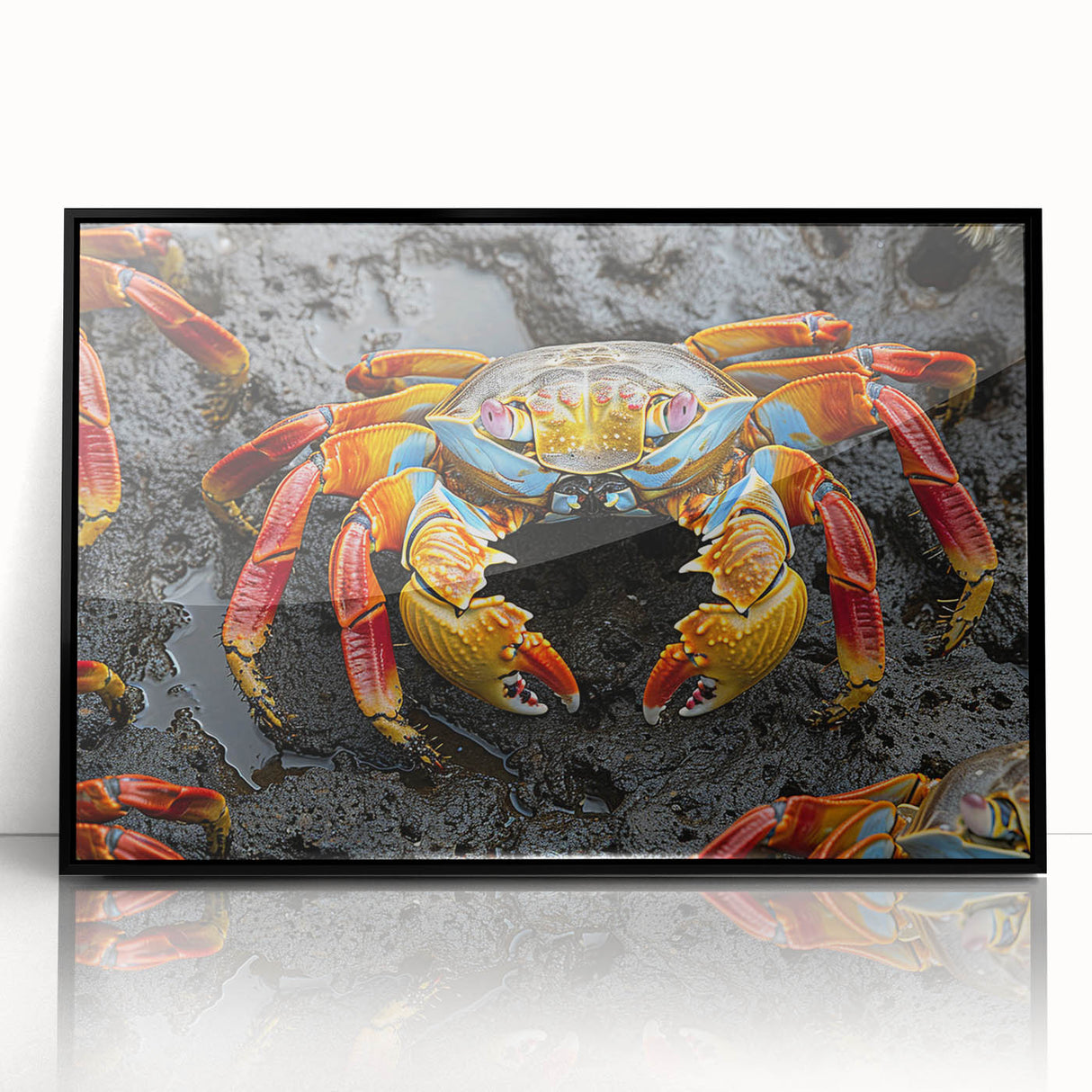 Large abstract wall art depicting the Galápagos Islands in muted earth tones, framed in black acrylic.