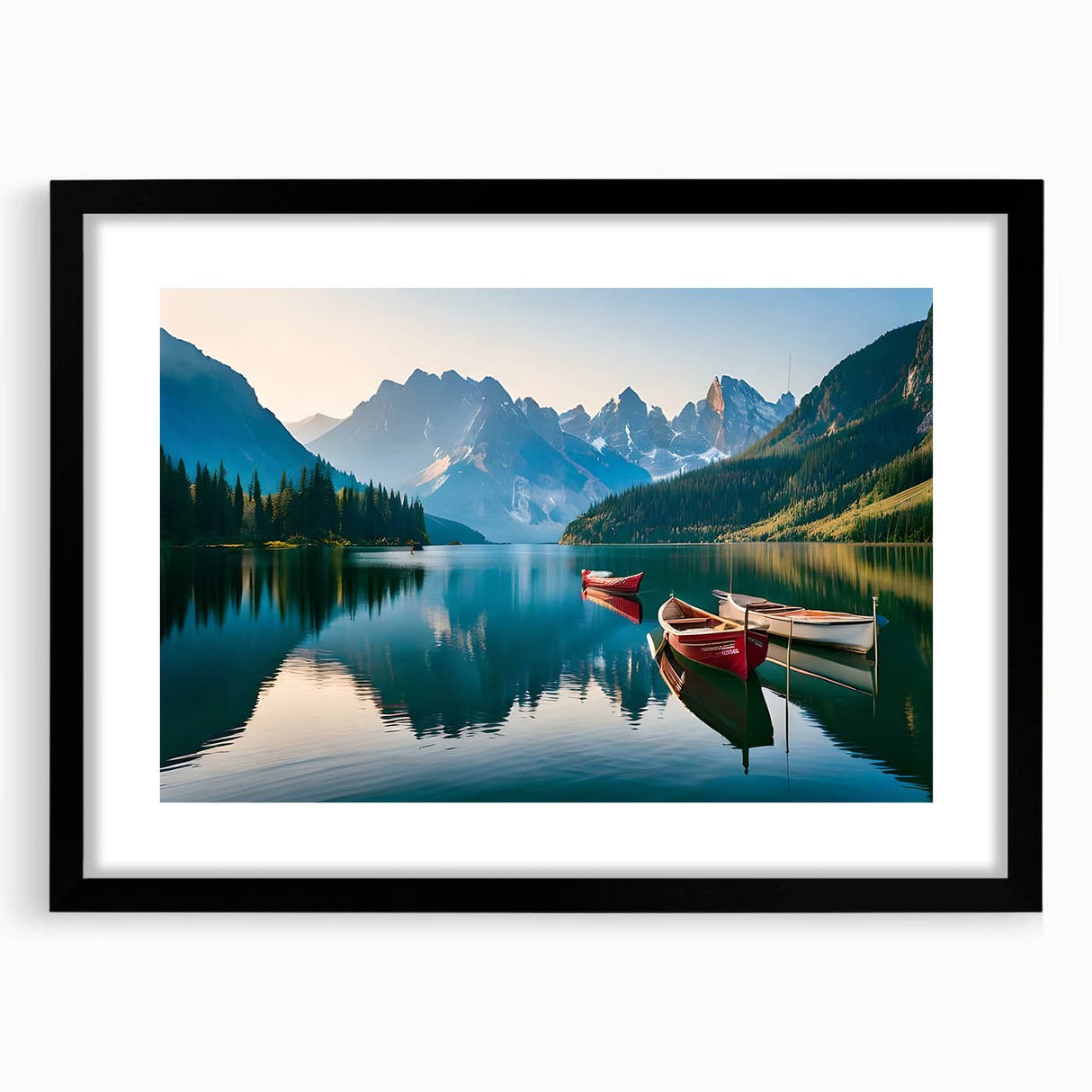 Extra large wall art depicting abstract Alaskan scenery in vibrant colors, framed in black, suitable for living room decor.