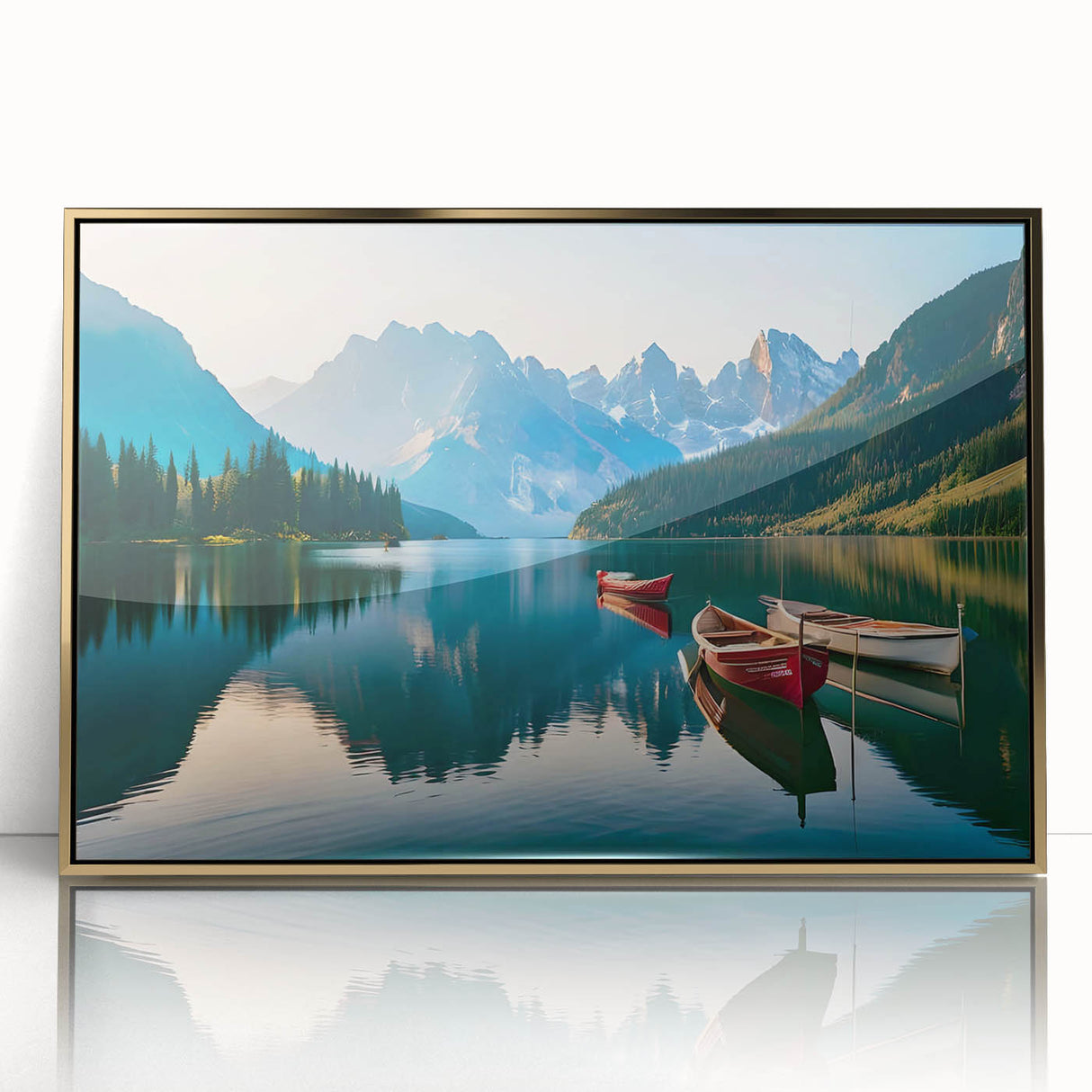 Acrylic print of Alaskan scenery in gold frame, featuring muted earth tones, ideal for modern art wall decor.