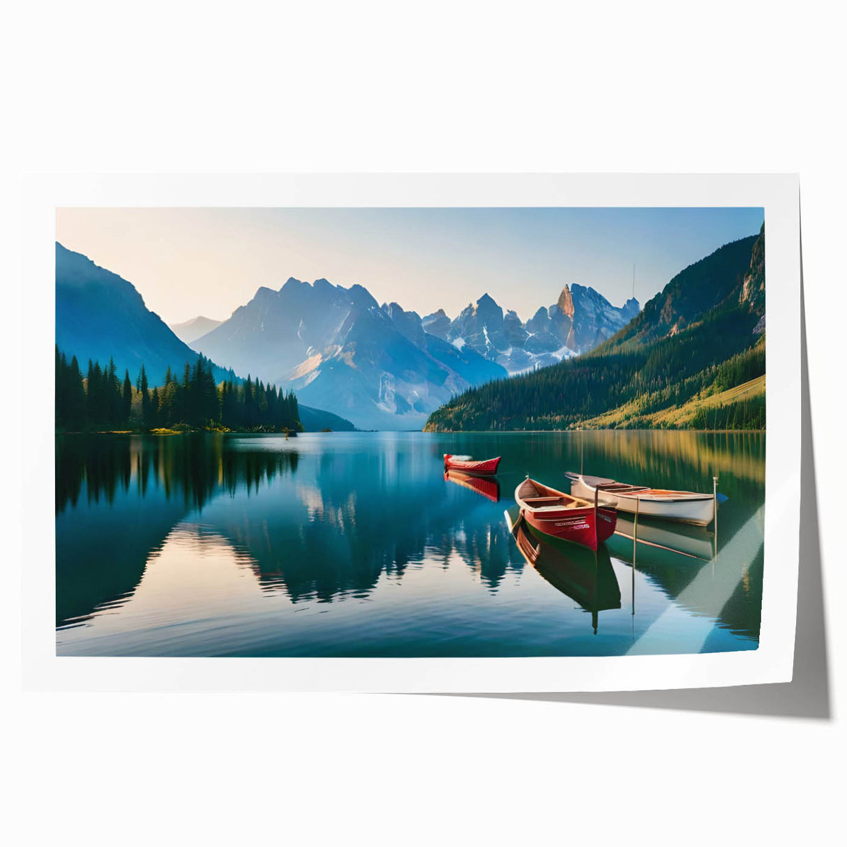 Alaskan landscape with vibrant green and blue tones on a rolled canvas, suitable for dining room wall art.
