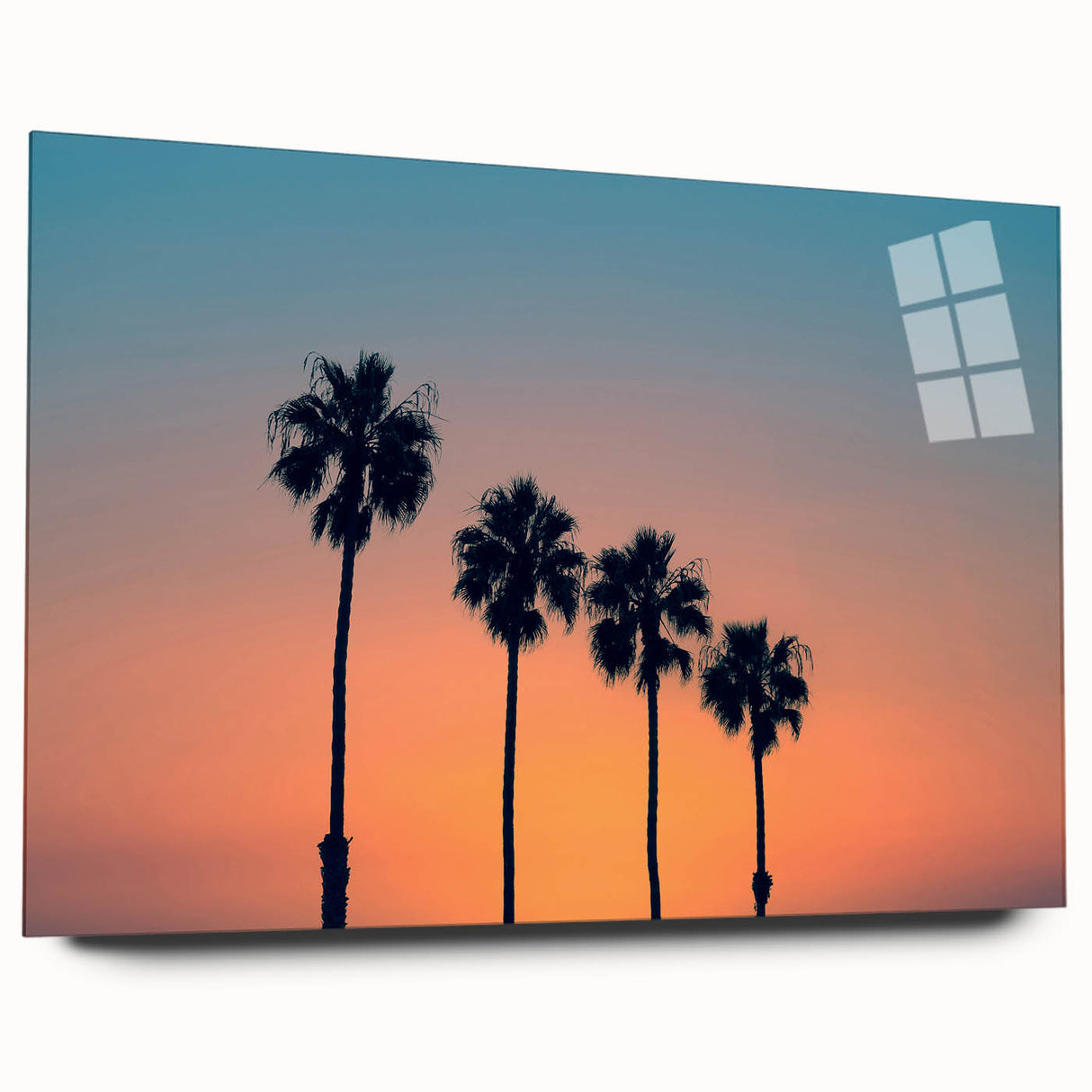 Large abstract depiction of the San Diego skyline in muted blue and gray tones on acrylic glass.