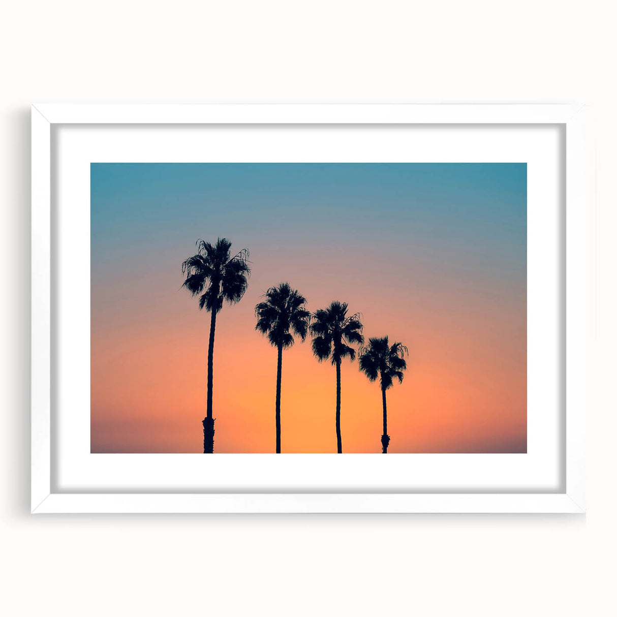 Abstract art print of San Diego skyline in muted blue and gray tones, framed with a white mat, ideal for dining room decor.