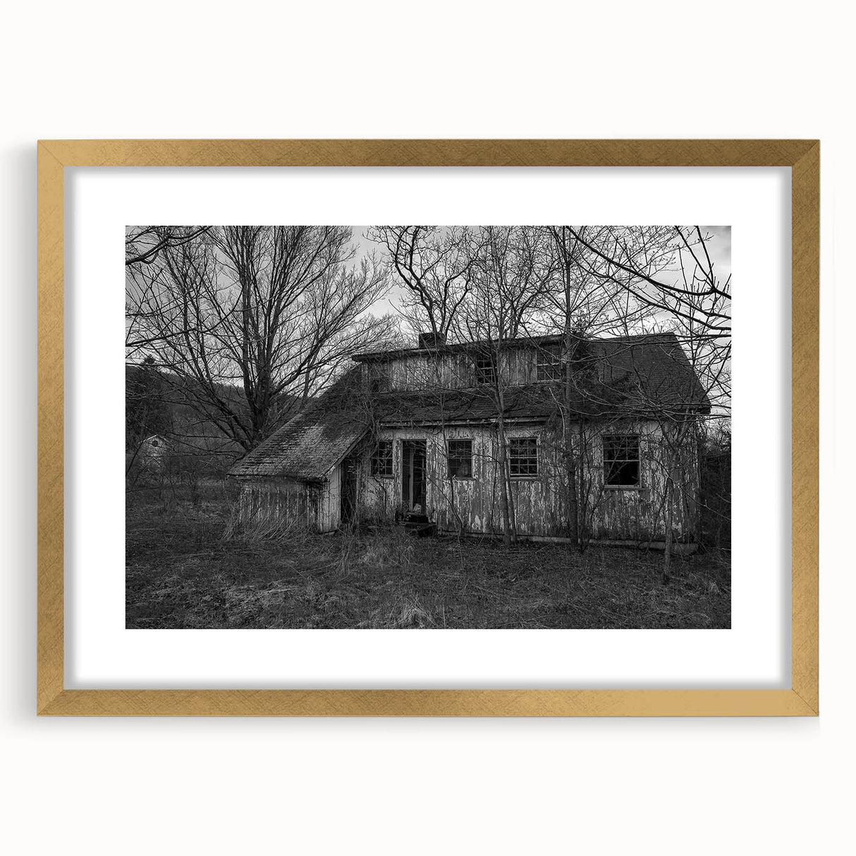 Extra large abstract art print of Delaware scenery in gold frame, featuring textured brush strokes and earthy tones.