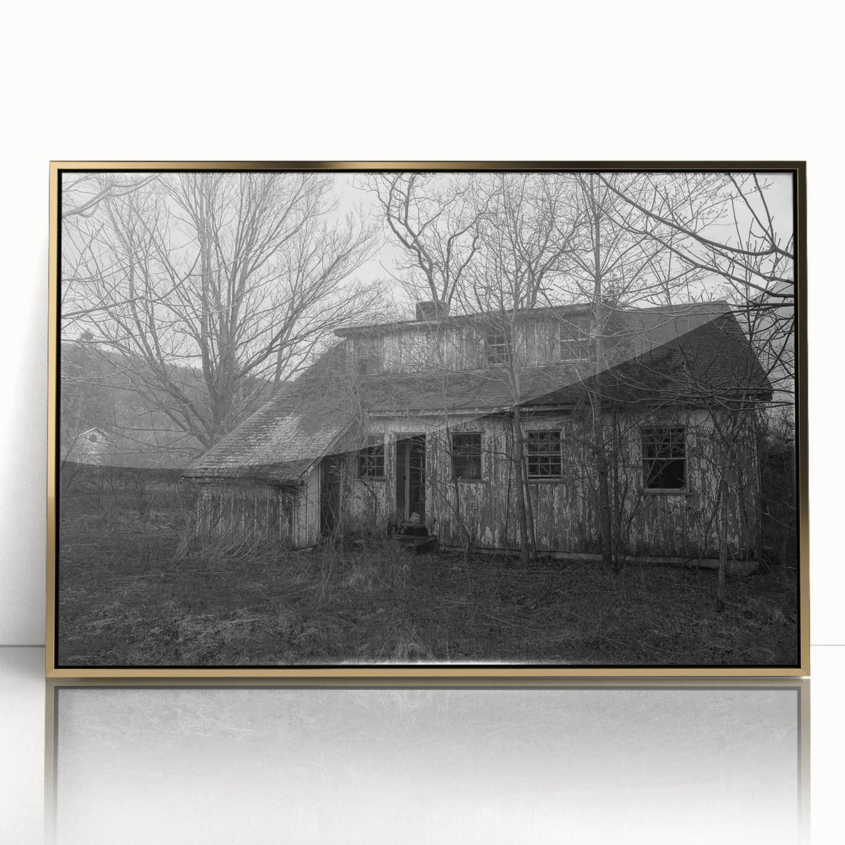 Delaware landscape in mid-century modernist style, framed acrylic with muted gold and green tones.