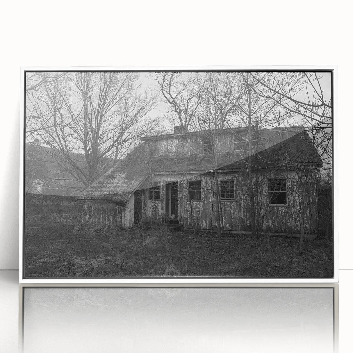 Art deco poster of Delaware scenery in muted green and blue tones, acrylic print in white frame.