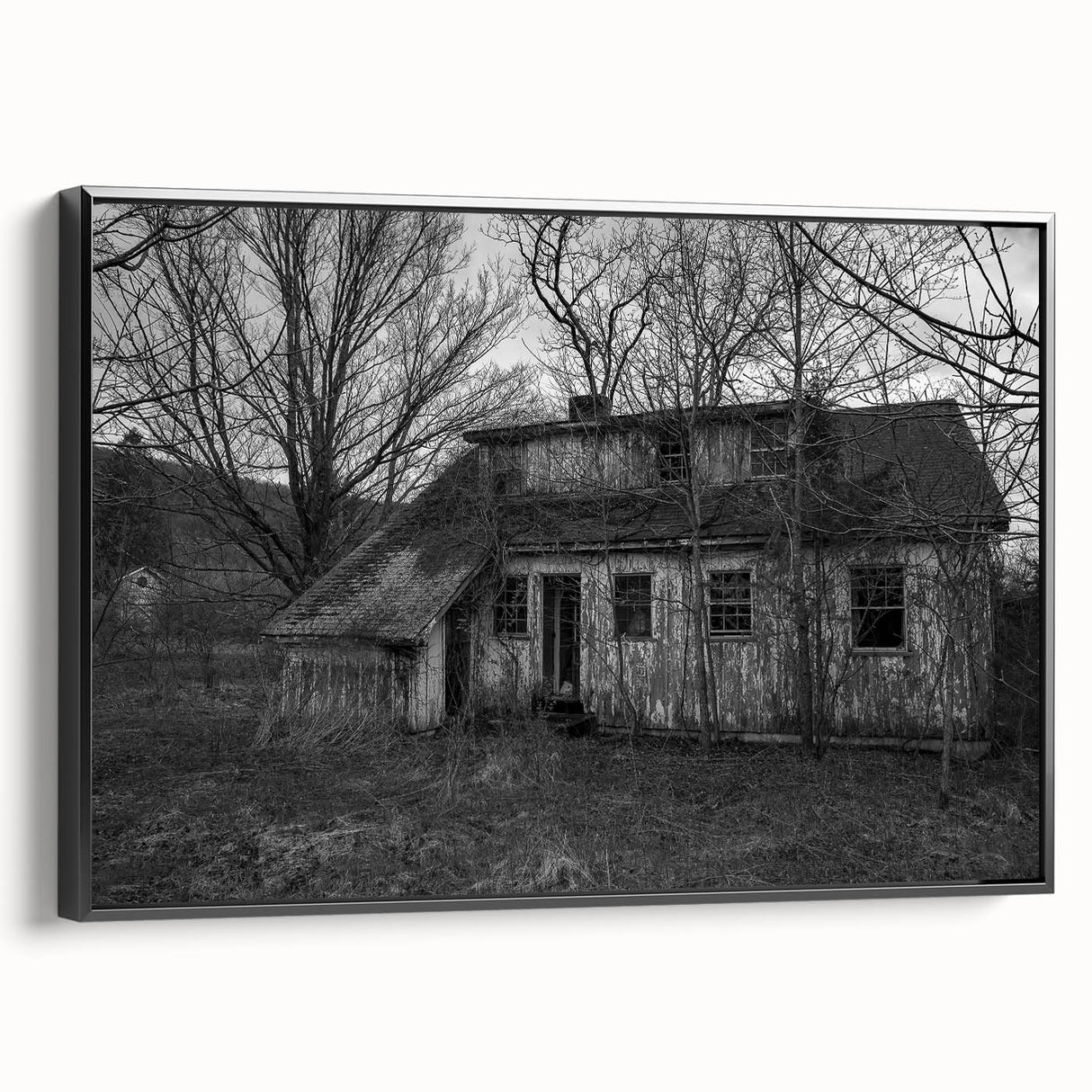 Black and white landscape painting of Delaware scenery on framed canvas, suitable for bedroom wall decor.
