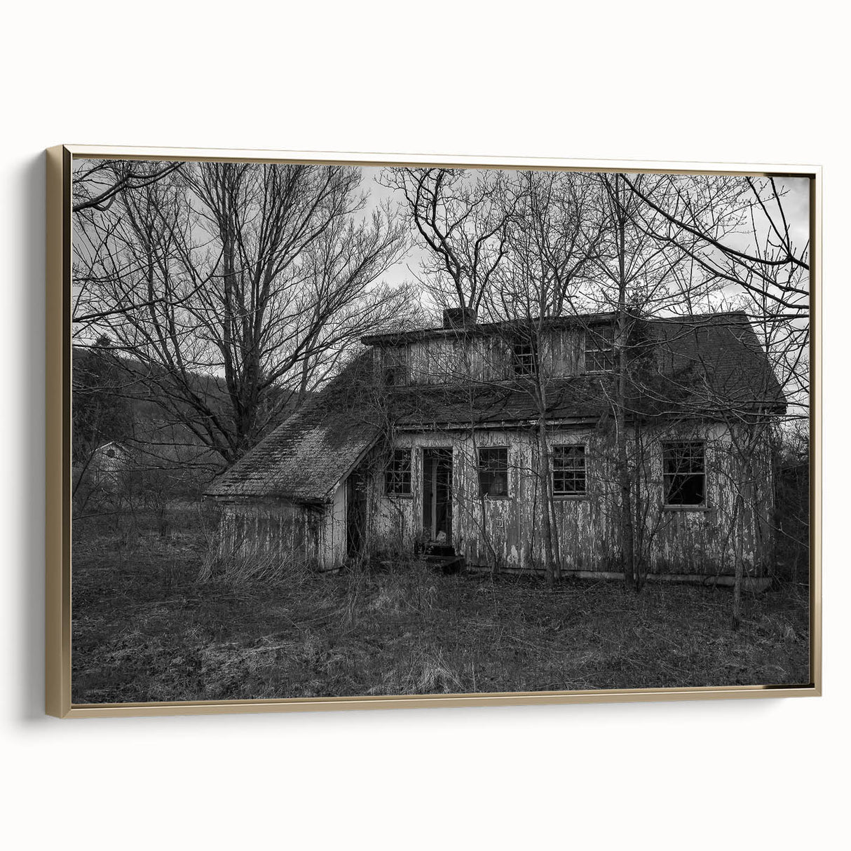 Framed canvas depicting a vintage Delaware landscape in muted gold and black tones, ideal for bedroom wall decor.