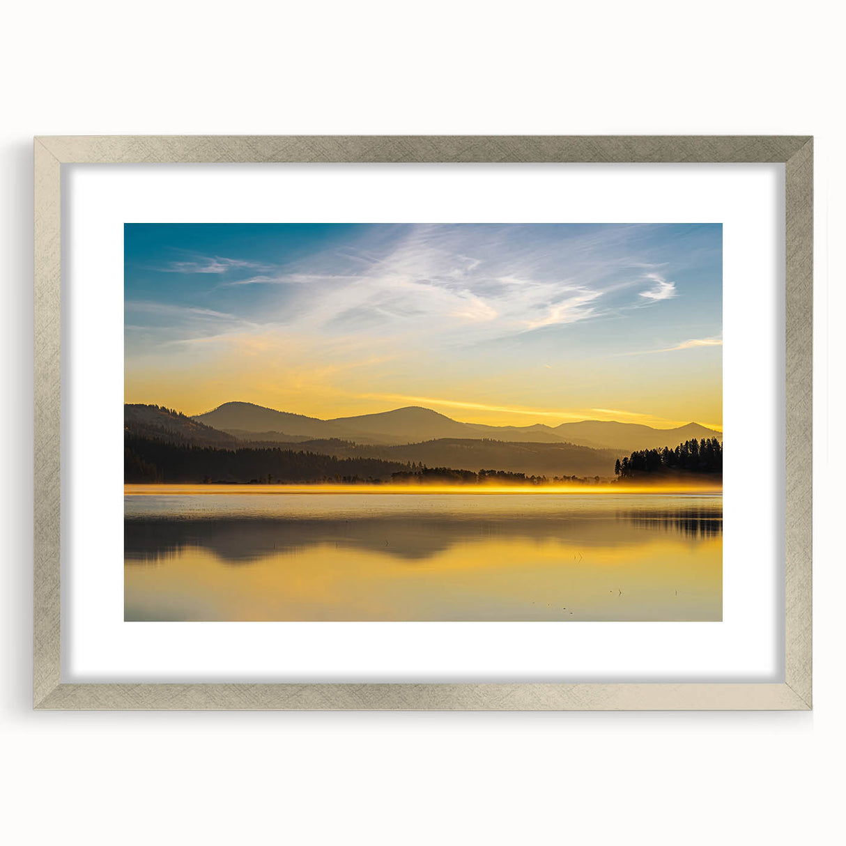 Textured abstract art print of Idaho scenery in muted earth tones, framed with a silver mat, suitable for bedroom decor.