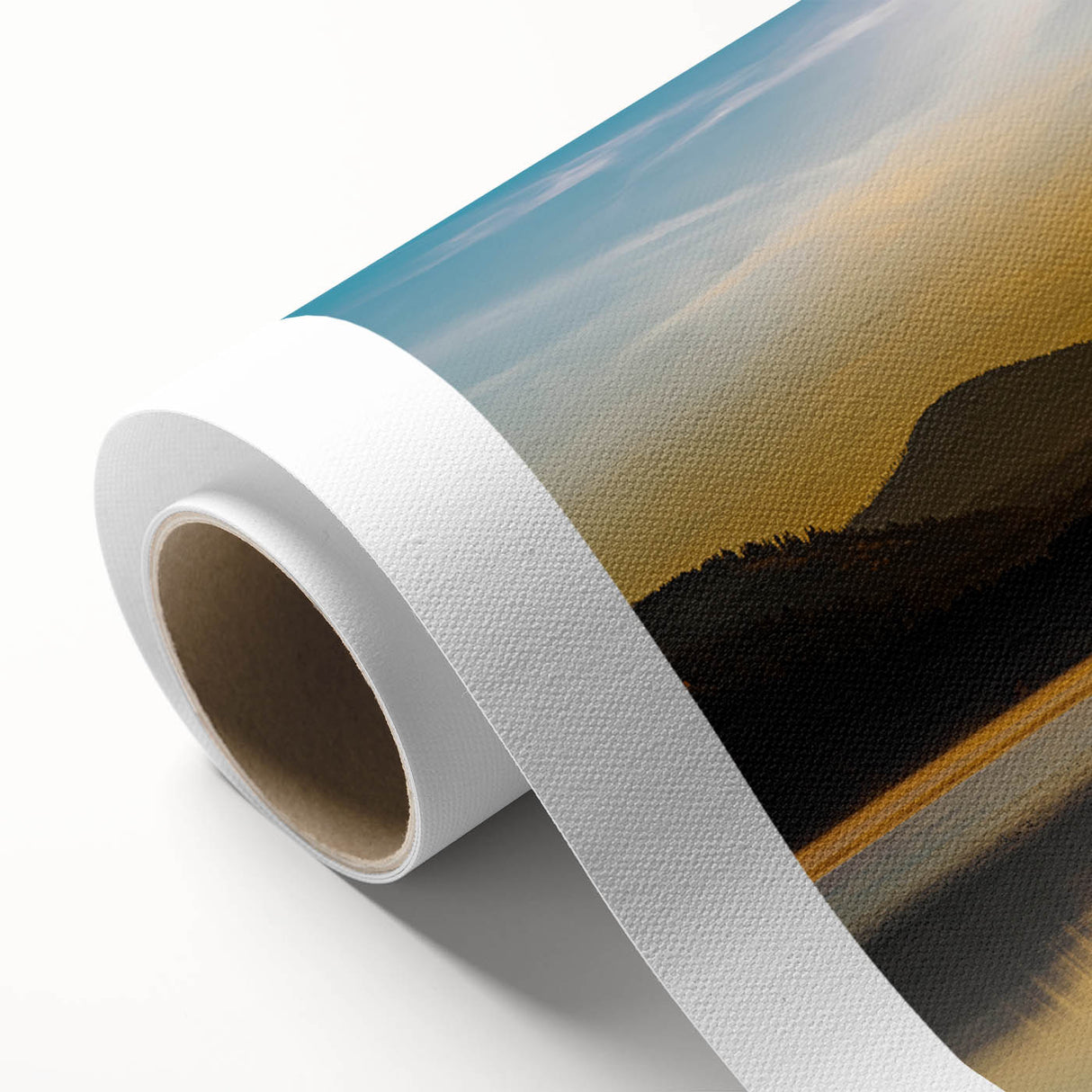 Art deco poster featuring a serene Idaho landscape with muted green and blue tones on rolled canvas.