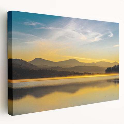 Idaho landscape on large stretched canvas, featuring muted green and blue tones, ideal for kitchen wall art.