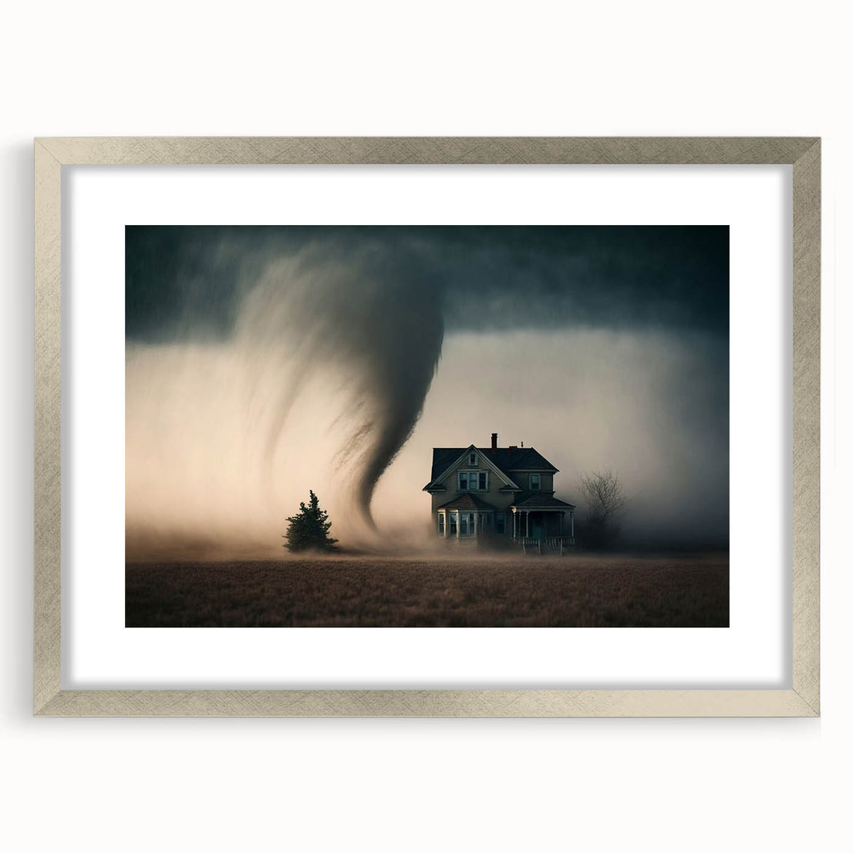 Textured art print of an abstract Kansas scenery in muted earth tones on a framed silver mat, suitable for bedroom decor.