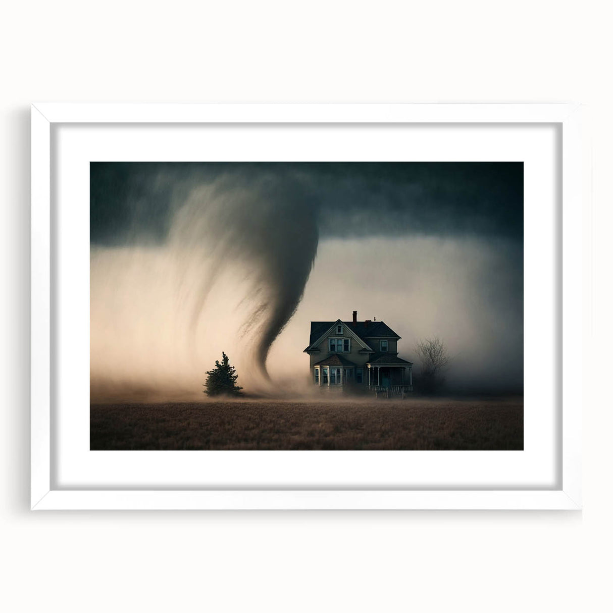 Abstract art print of a Kansas landscape in muted earth tones on a framed white mat, ideal for dining room decor.
