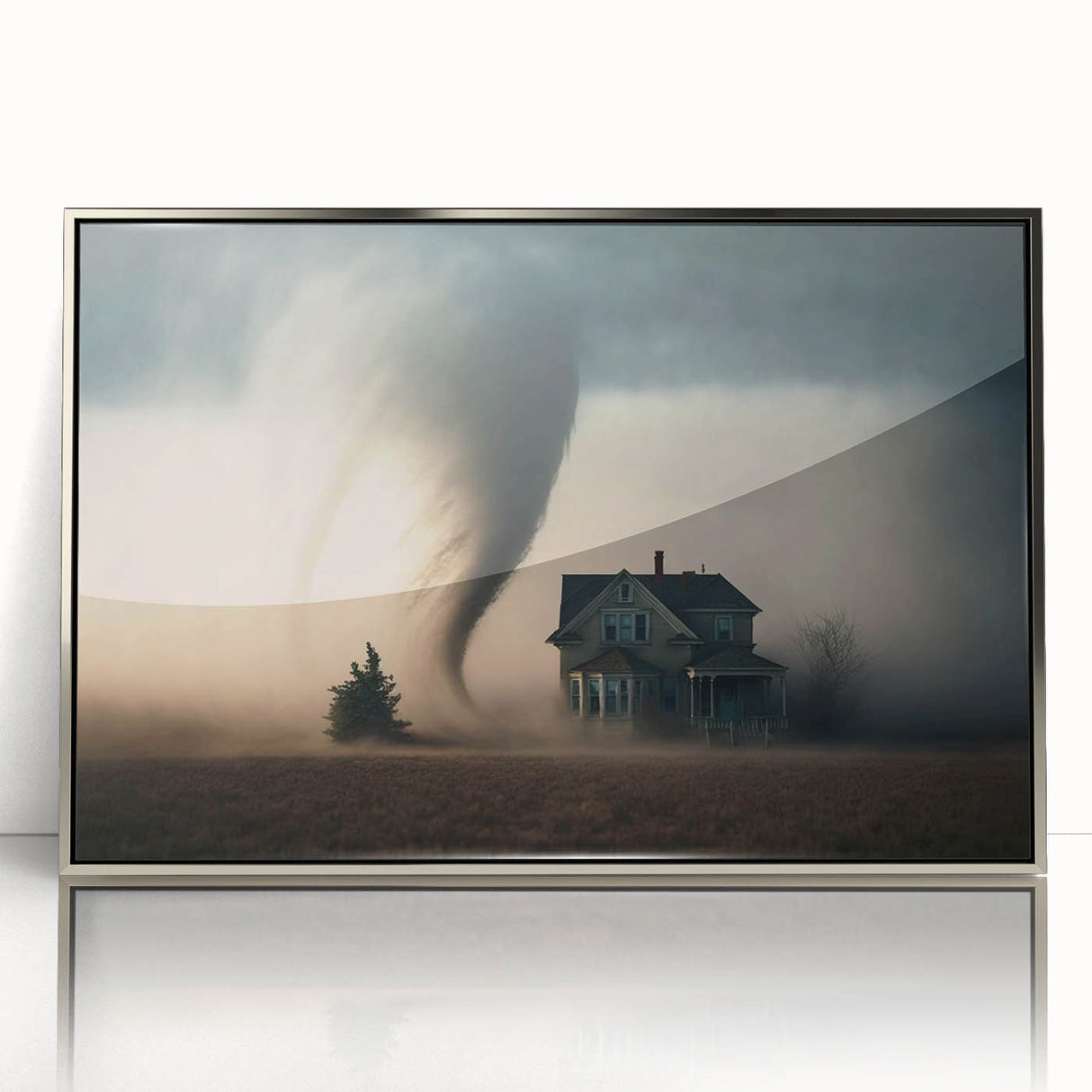 Mid-century modernist art depicting Kansas scenery in muted earth tones on a silver-framed acrylic print.