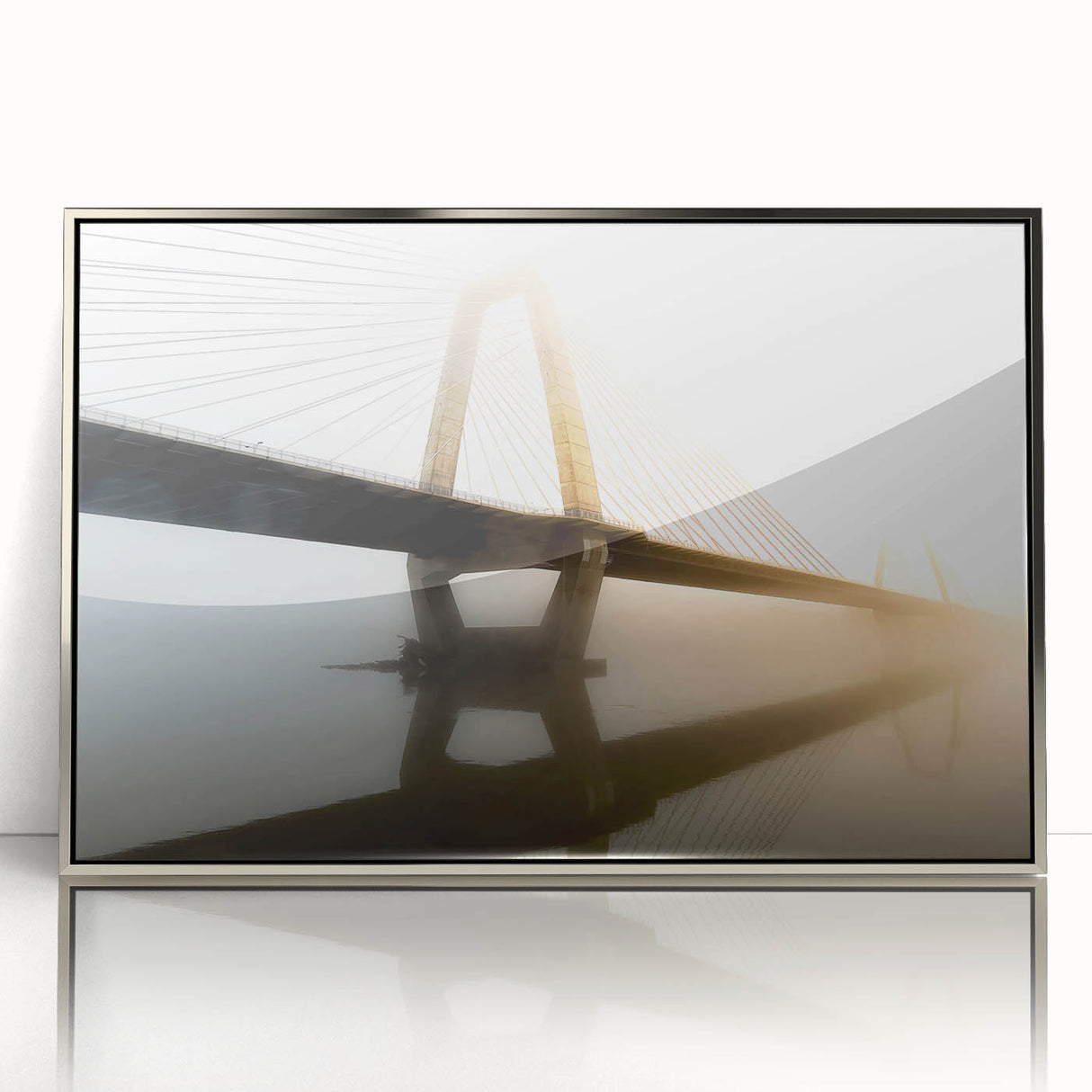 Mid-century modernist art of Kentucky scenery in muted earth tones, silver-framed acrylic print.